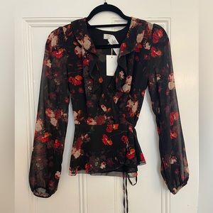 NWT Wilfred Nadine BLACK Floral Wrap Blouse with Ruffle Trim - XXS